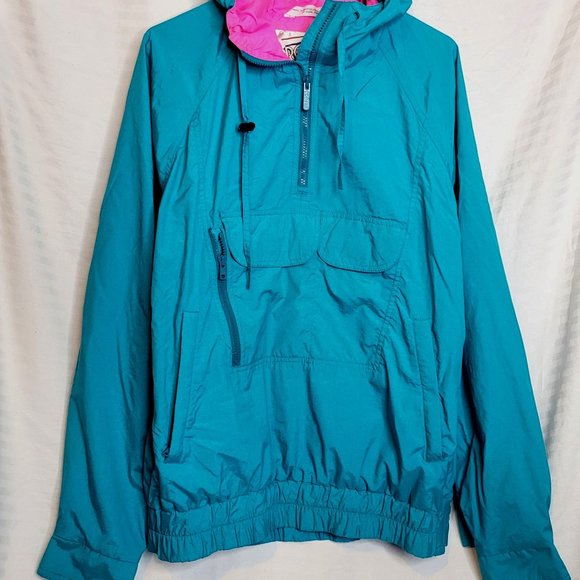 Vintage Pullover Jacket Teal Hot Pink Nylon Outer Lining Mens Medium Profile - Picture 1 of 9